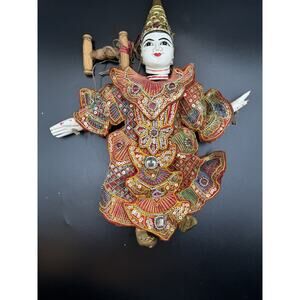 Vintage Thailand Asian Marionette Wooden Puppet Hand Painted 14” Ornate Nice!